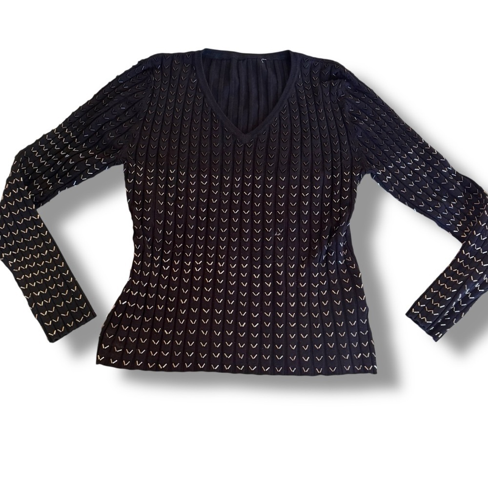 Belldini beaded sweater embellished top black stretch v-neck pullover sz L